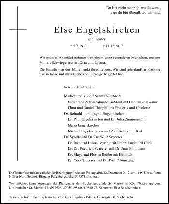 Anzeige von Else Engelskirchen von Kölner Stadt-Anzeiger / Kölnische Rundschau / Express