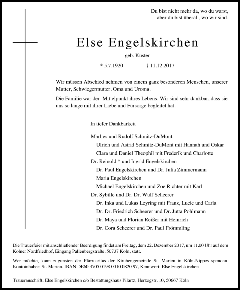  Traueranzeige für Else Engelskirchen vom 16.12.2017 aus Kölner Stadt-Anzeiger / Kölnische Rundschau / Express