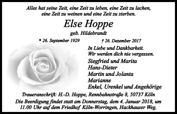 Anzeige von Else Hoppe von Kölner Stadt-Anzeiger / Kölnische Rundschau / Express
