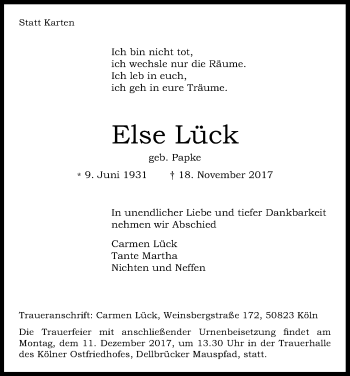 Anzeige von Else Lück von Kölner Stadt-Anzeiger / Kölnische Rundschau / Express