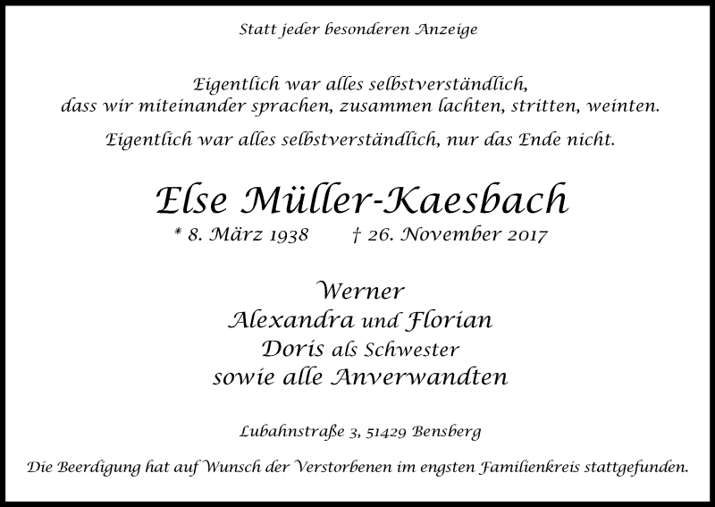  Traueranzeige für Else Müller-Kaesbach vom 06.12.2017 aus Kölner Stadt-Anzeiger / Kölnische Rundschau / Express