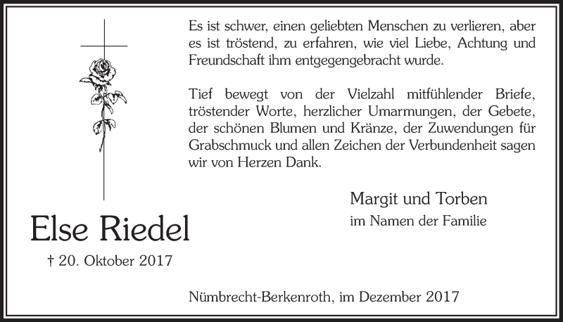 Traueranzeige für Else Riedel vom 06.12.2017 aus  Lokalanzeiger 