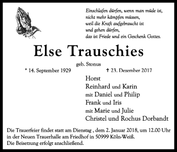 Anzeige von Else Trauschies von Kölner Stadt-Anzeiger / Kölnische Rundschau / Express