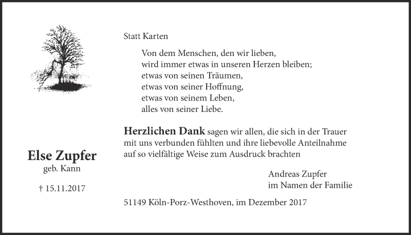  Traueranzeige für Else Zupfer vom 13.12.2017 aus  Kölner Wochenspiegel 