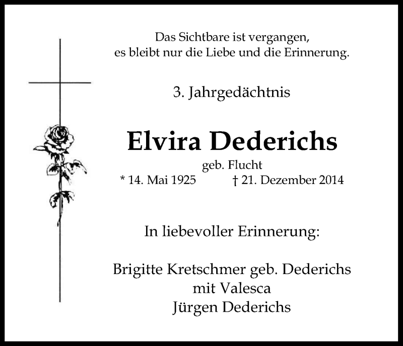  Traueranzeige für Elvira Dederichs vom 21.12.2017 aus Kölner Stadt-Anzeiger / Kölnische Rundschau / Express