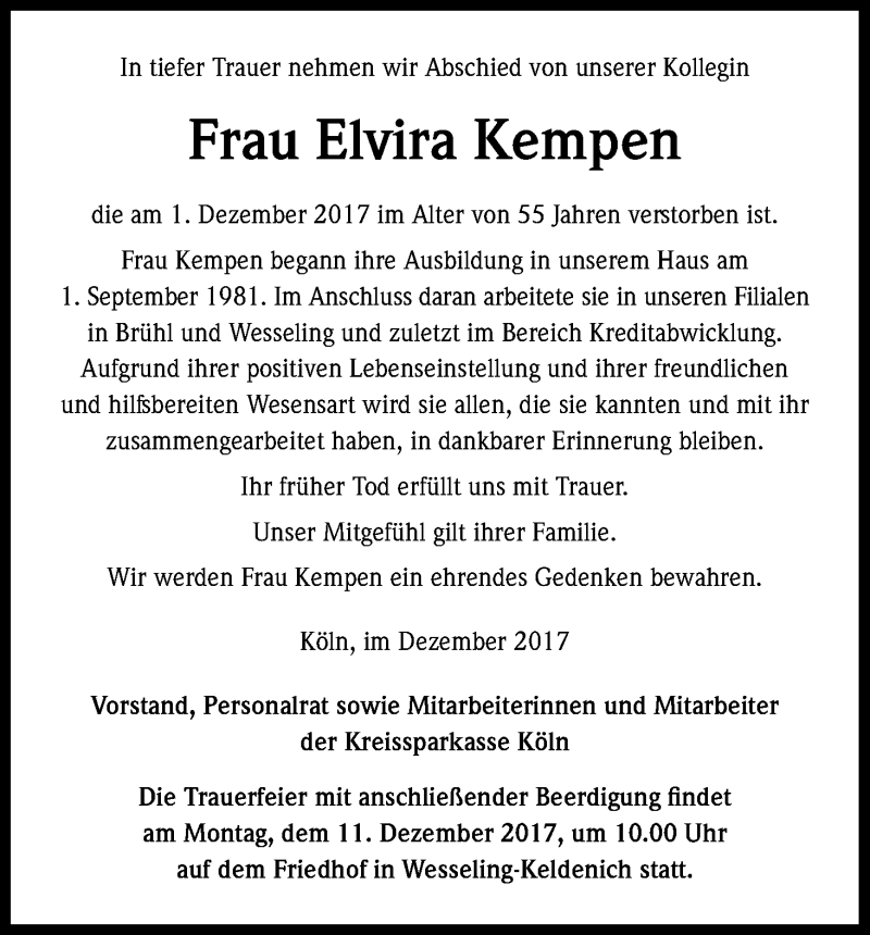  Traueranzeige für Elvira Kempen vom 08.12.2017 aus Kölner Stadt-Anzeiger / Kölnische Rundschau / Express