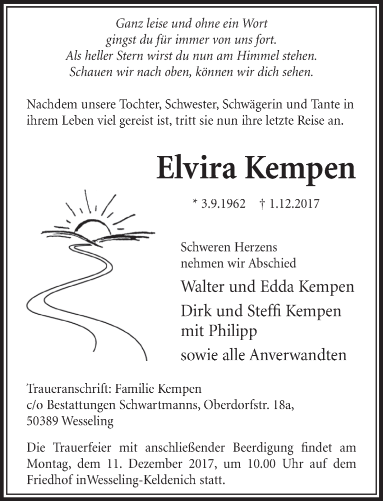  Traueranzeige für Elvira Kempen vom 06.12.2017 aus  Schlossbote/Werbekurier 