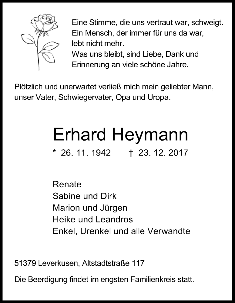  Traueranzeige für Erhard Heymann vom 30.12.2017 aus Kölner Stadt-Anzeiger / Kölnische Rundschau / Express