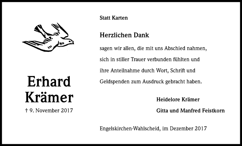  Traueranzeige für Erhard Krämer vom 23.12.2017 aus Kölner Stadt-Anzeiger / Kölnische Rundschau / Express