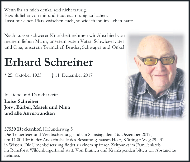  Traueranzeige für Erhard Schreiner vom 14.12.2017 aus Kölner Stadt-Anzeiger / Kölnische Rundschau / Express