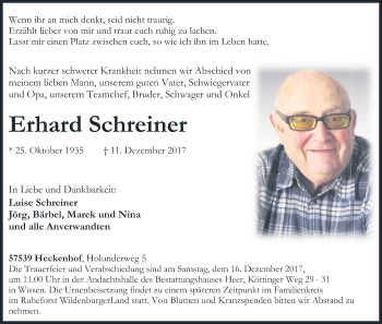 Anzeige von Erhard Schreiner von Kölner Stadt-Anzeiger / Kölnische Rundschau / Express