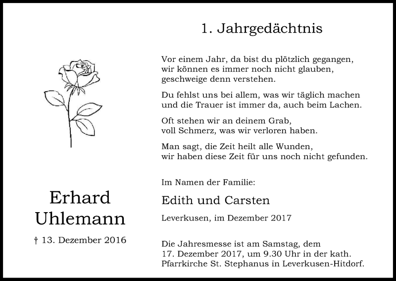  Traueranzeige für Erhard Uhlemann vom 13.12.2017 aus Kölner Stadt-Anzeiger / Kölnische Rundschau / Express