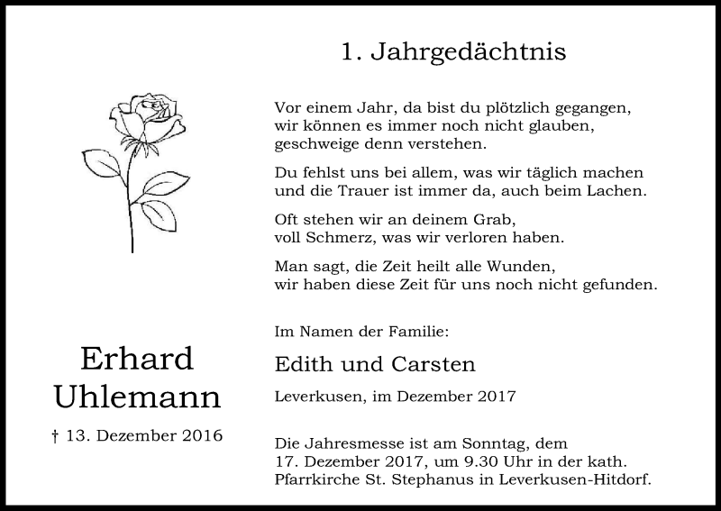  Traueranzeige für Erhard Uhlemann vom 14.12.2017 aus Kölner Stadt-Anzeiger / Kölnische Rundschau / Express