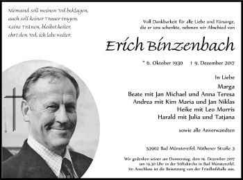Anzeige von Erich Binzenbach von Kölner Stadt-Anzeiger / Kölnische Rundschau / Express