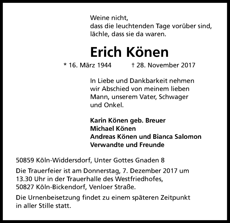  Traueranzeige für Erich Könen vom 02.12.2017 aus Kölner Stadt-Anzeiger / Kölnische Rundschau / Express