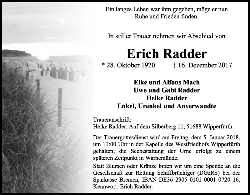  Traueranzeige für Erich Radder vom 23.12.2017 aus Kölner Stadt-Anzeiger / Kölnische Rundschau / Express
