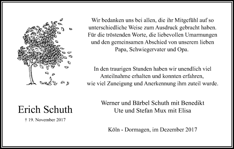  Traueranzeige für Erich Schuth vom 16.12.2017 aus Kölner Stadt-Anzeiger / Kölnische Rundschau / Express