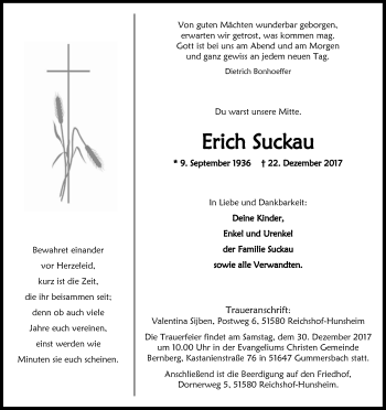 Anzeige von Erich Suckau von Kölner Stadt-Anzeiger / Kölnische Rundschau / Express