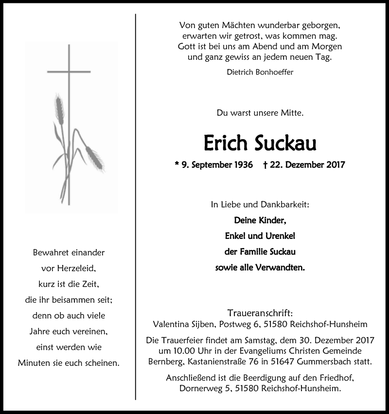  Traueranzeige für Erich Suckau vom 28.12.2017 aus Kölner Stadt-Anzeiger / Kölnische Rundschau / Express