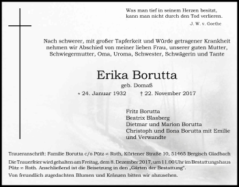 Anzeige von Erika Borutta von Kölner Stadt-Anzeiger / Kölnische Rundschau / Express