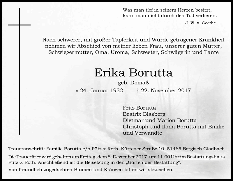  Traueranzeige für Erika Borutta vom 02.12.2017 aus Kölner Stadt-Anzeiger / Kölnische Rundschau / Express