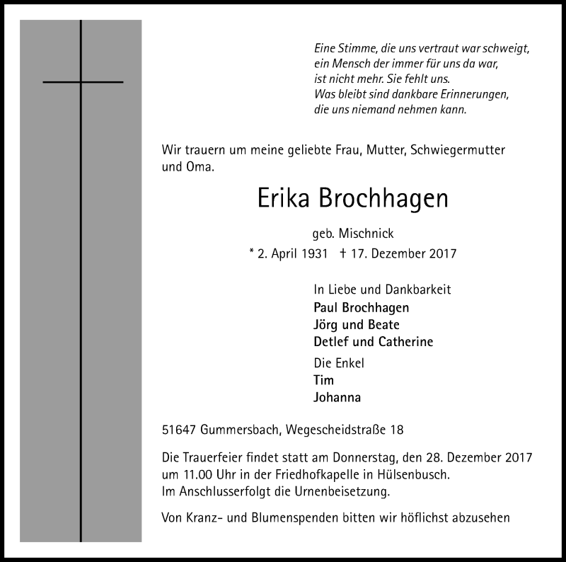  Traueranzeige für Erika Brochhagen vom 23.12.2017 aus Kölner Stadt-Anzeiger / Kölnische Rundschau / Express