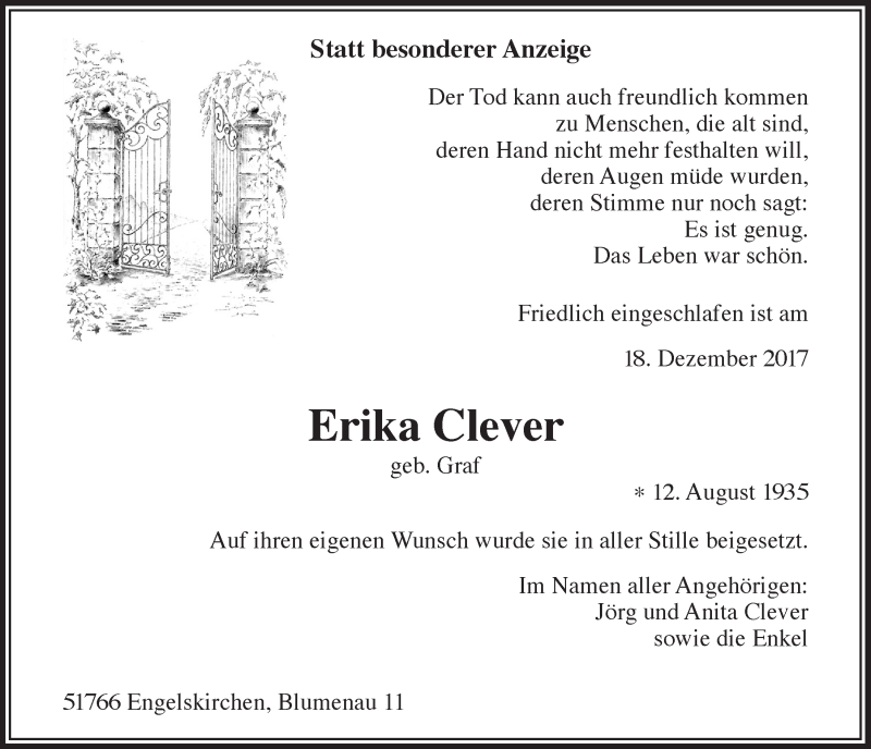 Traueranzeige für Erika Clever vom 28.12.2017 aus  Anzeigen Echo 