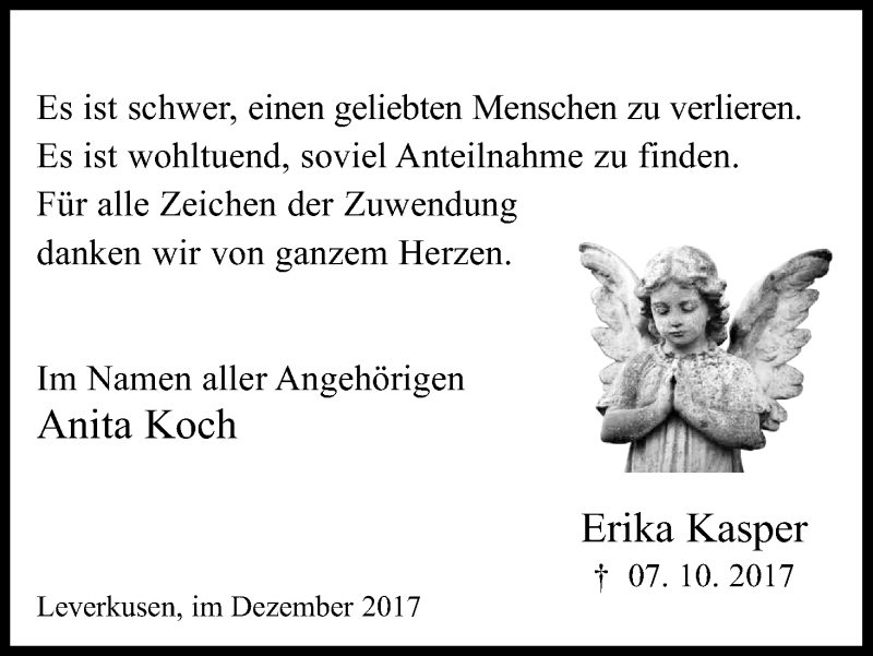  Traueranzeige für Erika Kasper vom 13.12.2017 aus Kölner Stadt-Anzeiger / Kölnische Rundschau / Express