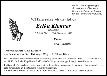 Anzeige von Erika Klenner von Kölner Stadt-Anzeiger / Kölnische Rundschau / Express