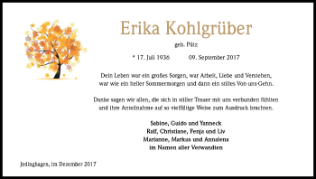 Anzeige von Erika Kohlgrüber von Kölner Stadt-Anzeiger / Kölnische Rundschau / Express