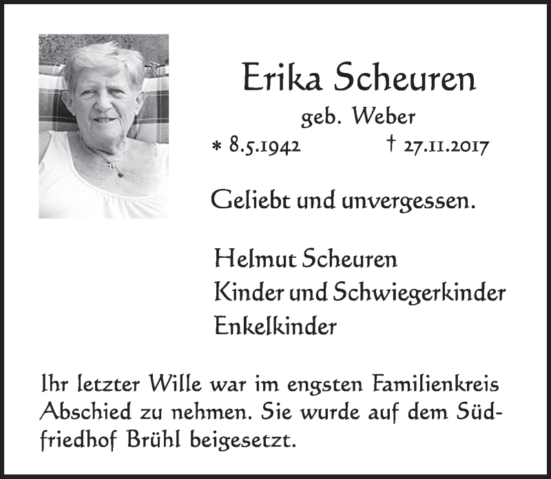  Traueranzeige für Erika Scheuren vom 13.12.2017 aus  Schlossbote/Werbekurier 