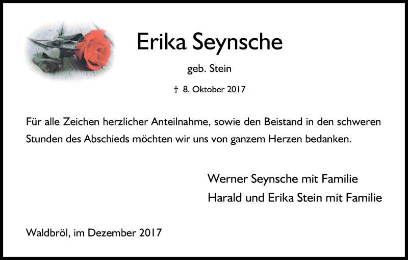  Traueranzeige für Erika Seynsche vom 08.12.2017 aus Kölner Stadt-Anzeiger / Kölnische Rundschau / Express