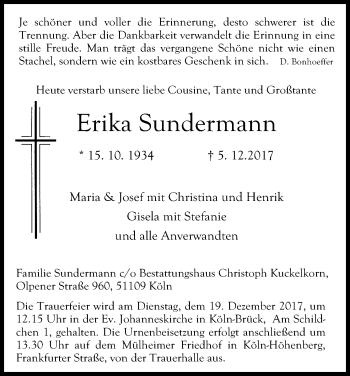 Anzeige von Erika Sundermann von Kölner Stadt-Anzeiger / Kölnische Rundschau / Express