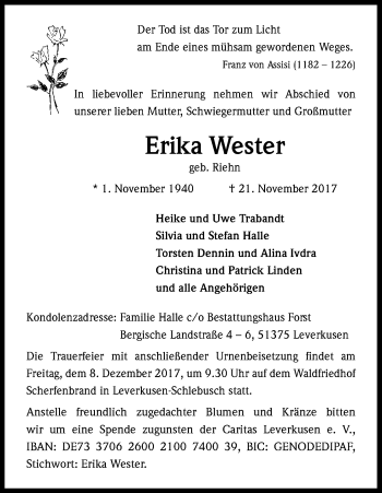 Anzeige von Erika Wester von Kölner Stadt-Anzeiger / Kölnische Rundschau / Express