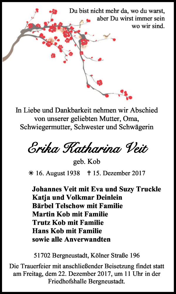  Traueranzeige für Erika Katharina Veit vom 20.12.2017 aus Kölner Stadt-Anzeiger / Kölnische Rundschau / Express