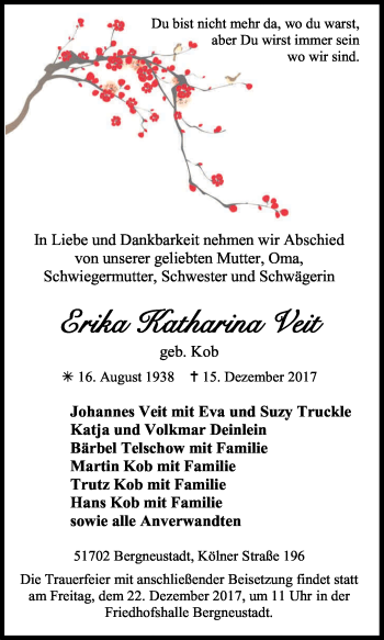 Anzeige von Erika Katharina Veit von Kölner Stadt-Anzeiger / Kölnische Rundschau / Express