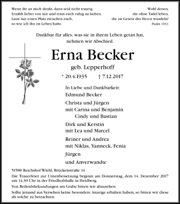 Anzeige von Erna Becker von Kölner Stadt-Anzeiger / Kölnische Rundschau / Express