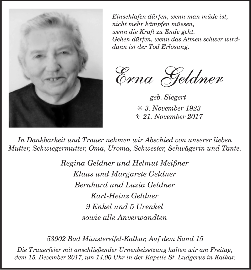  Traueranzeige für Erna Geldner vom 09.12.2017 aus  Blickpunkt Euskirchen 