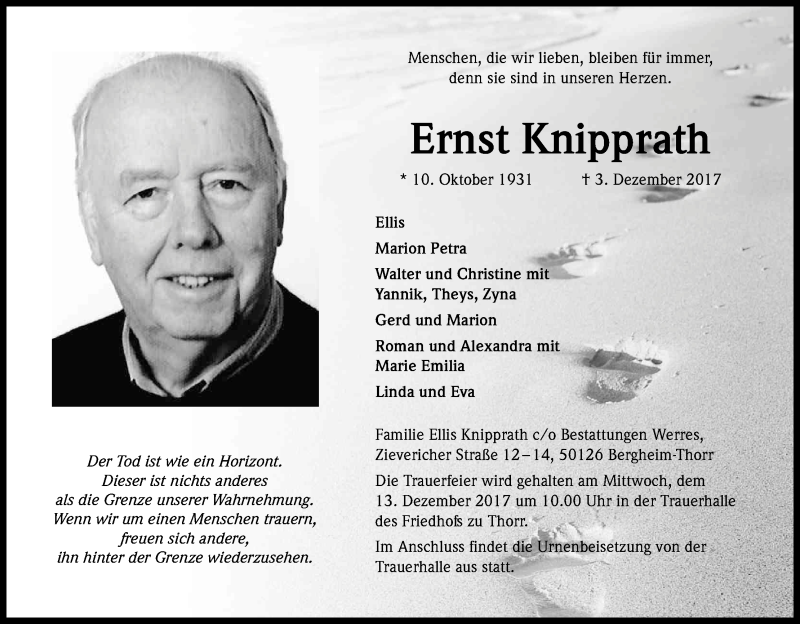  Traueranzeige für Ernst Knipprath vom 09.12.2017 aus Kölner Stadt-Anzeiger / Kölnische Rundschau / Express