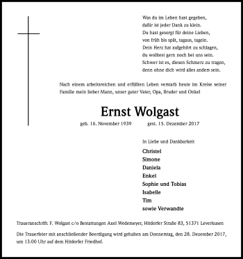 Anzeige von Ernst Wolgast von Kölner Stadt-Anzeiger / Kölnische Rundschau / Express