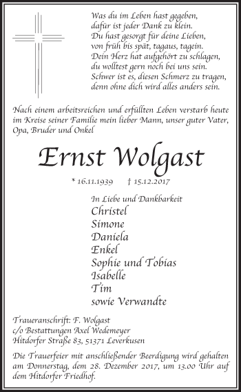 Anzeige von Ernst Wolgast von  Leverkusener Wochenende 