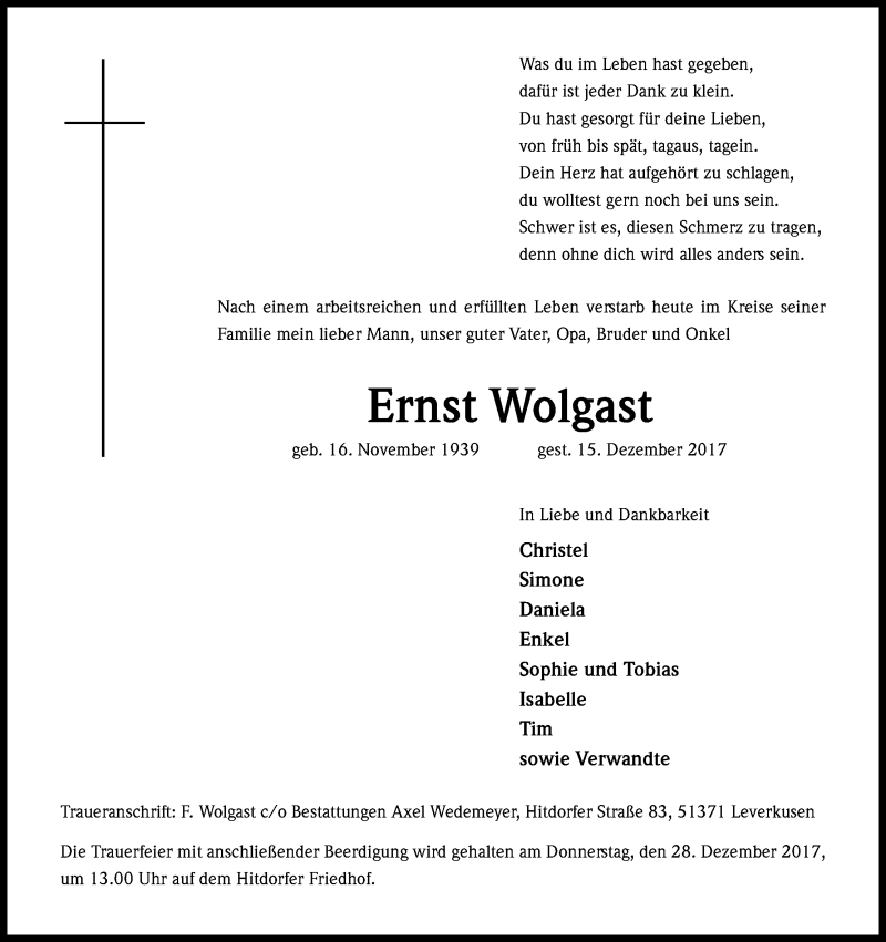  Traueranzeige für Ernst Wolgast vom 23.12.2017 aus Kölner Stadt-Anzeiger / Kölnische Rundschau / Express