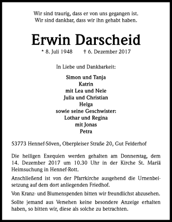 Anzeige von Erwin Darscheid von Kölner Stadt-Anzeiger / Kölnische Rundschau / Express