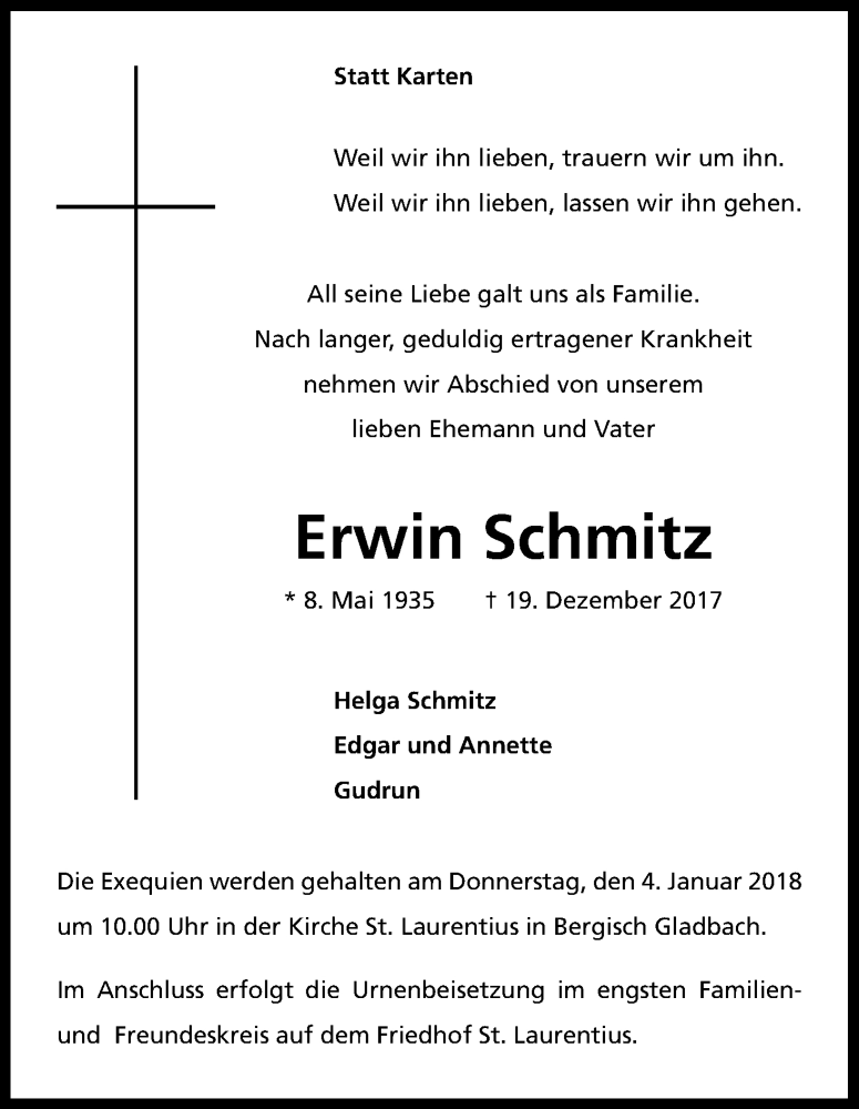  Traueranzeige für Erwin Schmitz vom 23.12.2017 aus Kölner Stadt-Anzeiger / Kölnische Rundschau / Express