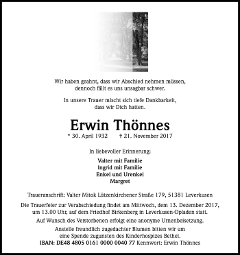 Anzeige von Erwin Thönnes von Kölner Stadt-Anzeiger / Kölnische Rundschau / Express