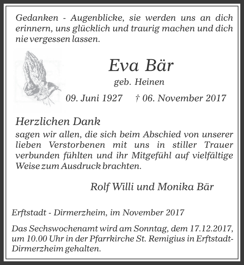  Traueranzeige für Eva Bär vom 13.12.2017 aus  Werbepost 