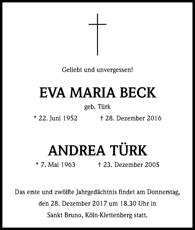  Traueranzeige für Eva Maria Beck vom 23.12.2017 aus Kölner Stadt-Anzeiger / Kölnische Rundschau / Express