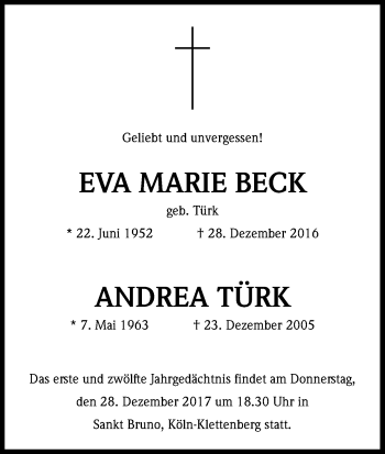 Anzeige von Eva Marie Beck von Kölner Stadt-Anzeiger / Kölnische Rundschau / Express