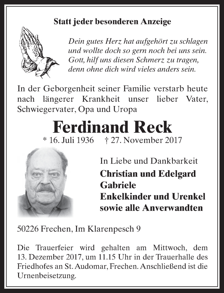  Traueranzeige für Ferdinand Reck vom 06.12.2017 aus  Wochenende 