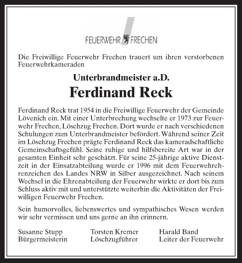  Traueranzeige für Ferdinand Reck vom 28.12.2017 aus  Wochenende 